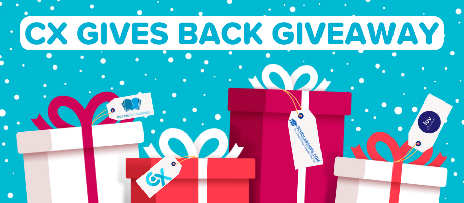 Words CX Gives Back Giveaway above present boxes with partner logo gift tags