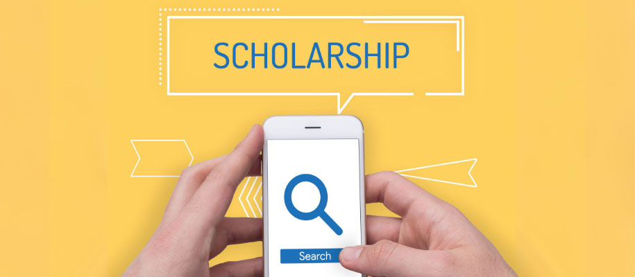 White hands holding phone with search page open under Scholarship talk bubble