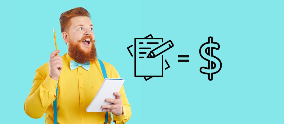 Redhead with beard & mustache, notebook, looking excitedly at money symbol