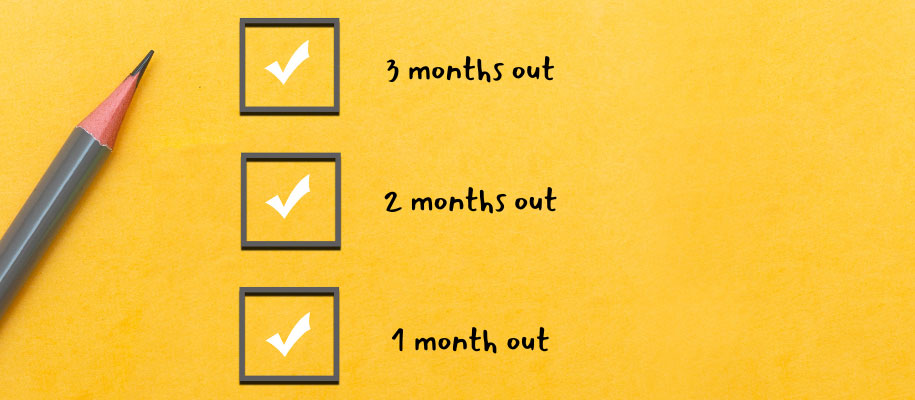 Gray pencil lying on yellow background, checkboxes aligned with 3-1 months out