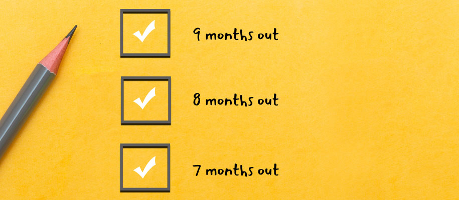 Gray pencil lying on yellow background, checkboxes aligned with 9-7 months out