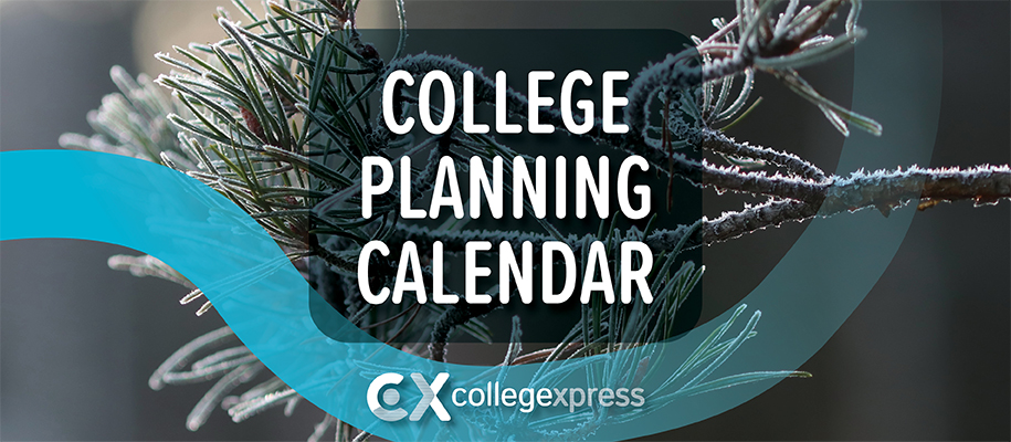 Snowy pine tree branch behind words College Planning Calendar with CX logo