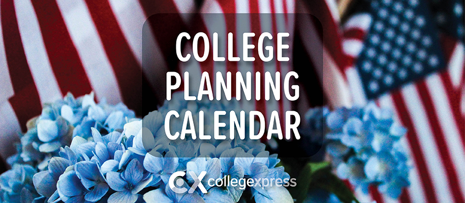 Bouquets of blue flowers, mini American flags, College Planning Calendar log0