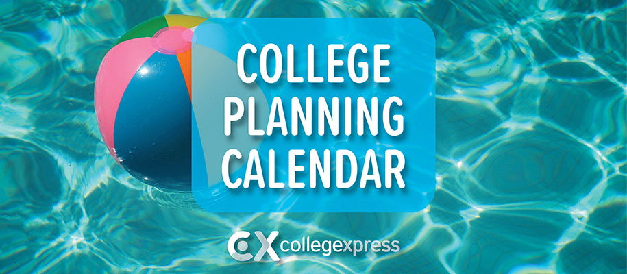 Beautiful blue pool water with beach ball and College Planning Calendar logo