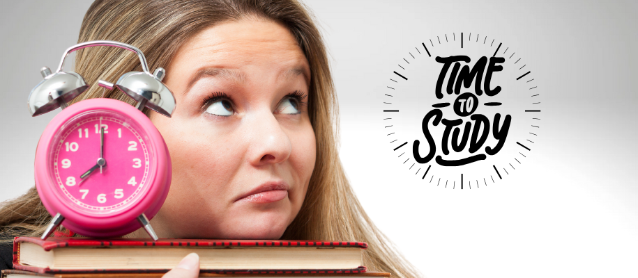 Blonde White female with stack of books & clock looking at Time to Study graphic