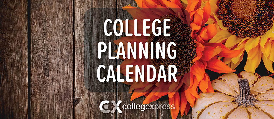 College Planning Calendar image with white pumpkin and orange flowers on planks