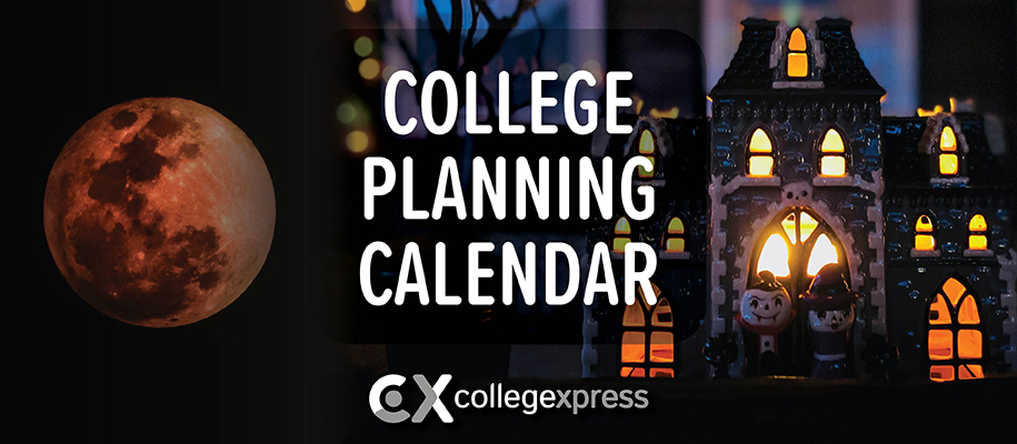 College Planning Calendar logo over moon and Halloween-themed decorations
