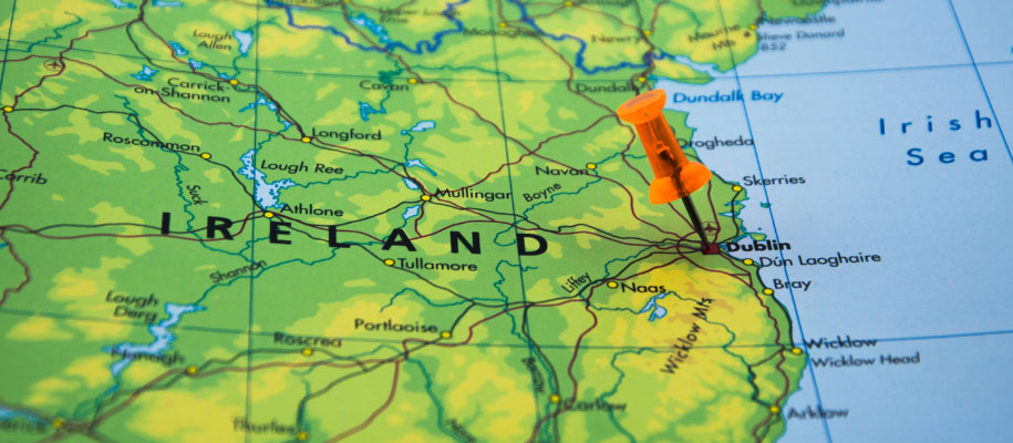 Detailed map of Ireland with green country and orange tack pointing at Dublin