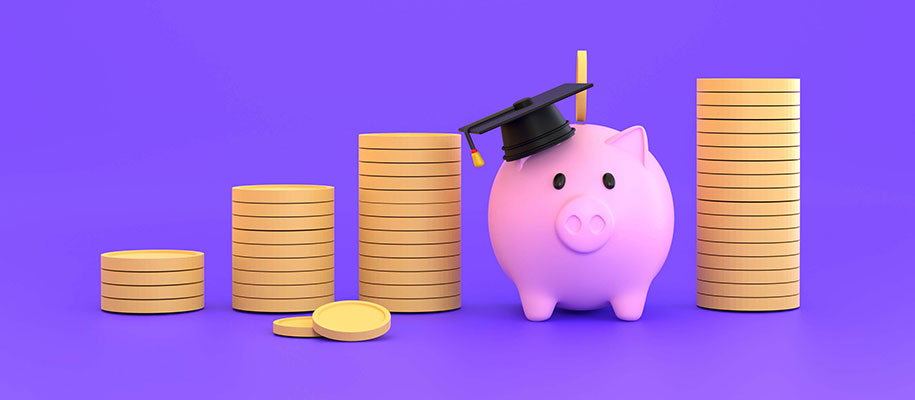 Illustration of piggy bank wearing graduation cap next to growing coin stacks