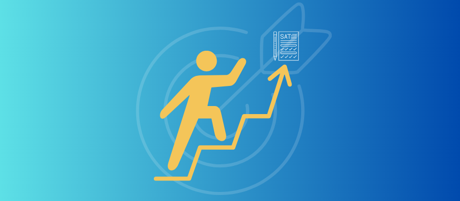 Target and stick figure with arrow showing steps forward, climbing toward SAT