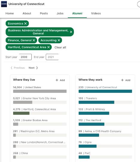 UConn's LinkedIn university page using alumni tool with certain criteria