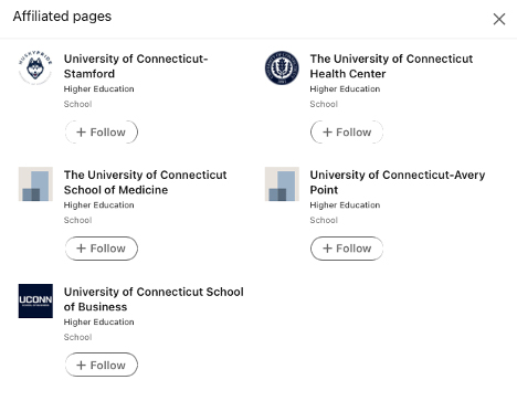 UConn's LinkedIn university page affiliated pages