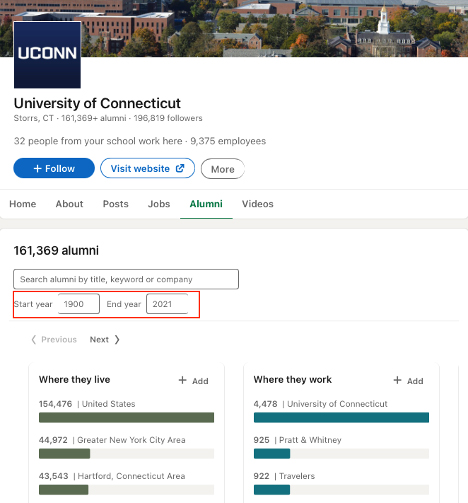 Screenshot of UConn's university page alumni tool