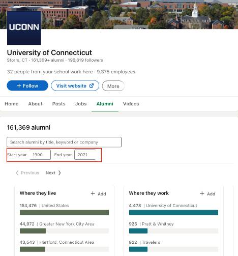 Screenshot of UConn's university page alumni tool