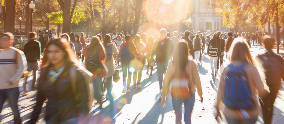 College campus in the fall with blurry students walking in both directions