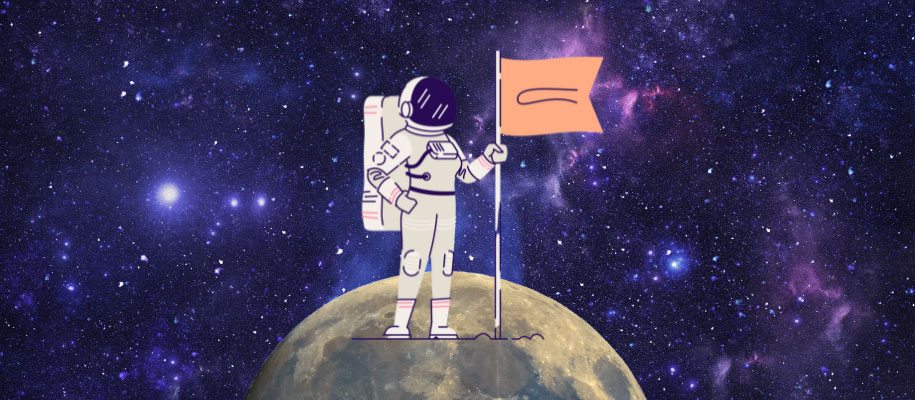 Cartoon of astropnaut holding flag on moon graphic with purple space background
