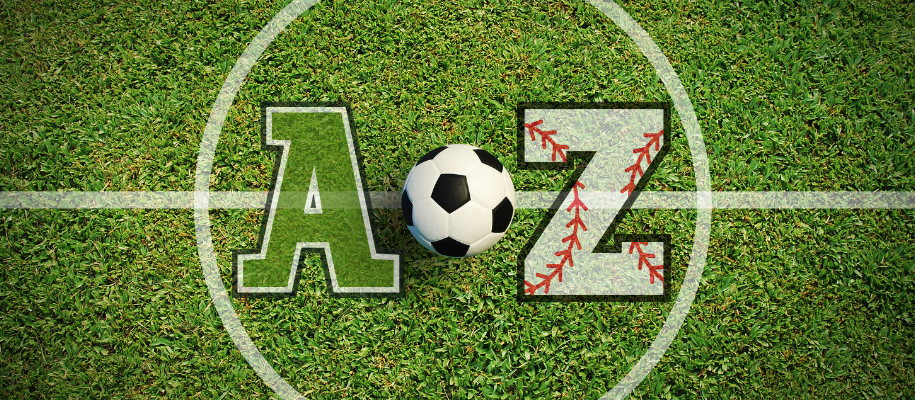 Varsity letter A in red and baseball letter Z on soccer field with soccer ball