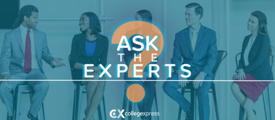 Row of chairs with five counselors, ask the experts & CX logos, question mark