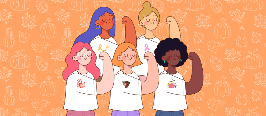 Five diverse cartoon women with arms up showing breast cancer ribbons on shirts