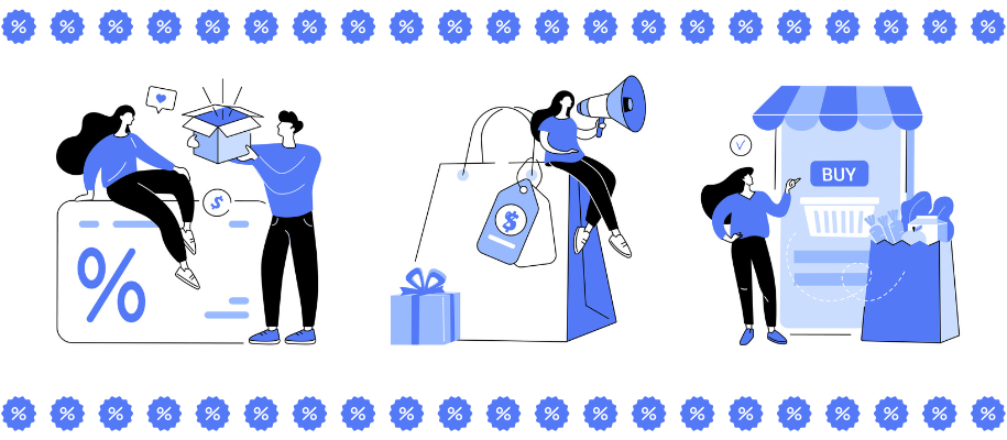 Vector art of people in blue tones buying things and shopping for discounts