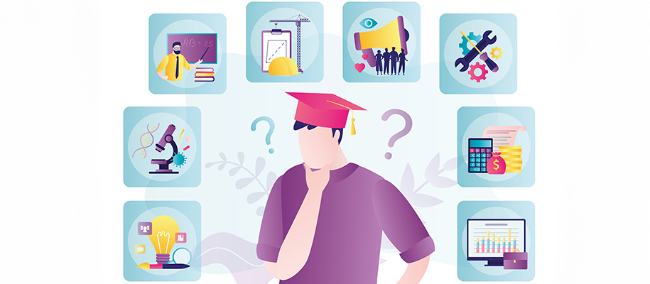 Digital art of person with grad cap thinking about different major options