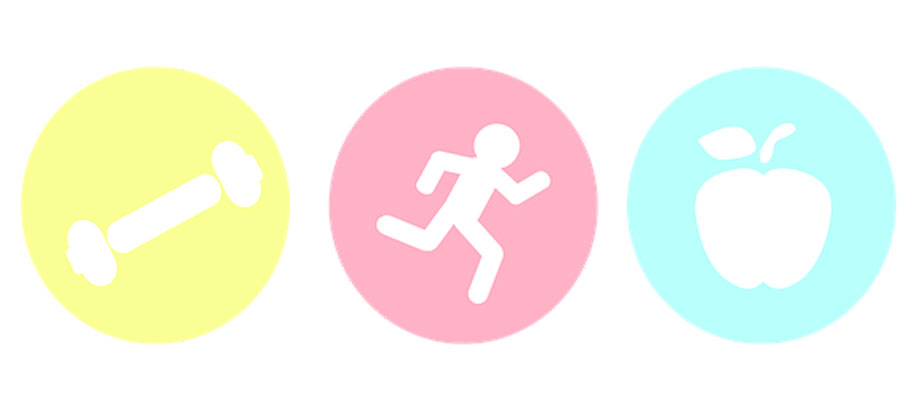 Graphic of 3 colored circles with dumbbell, running, and apple figures cut out