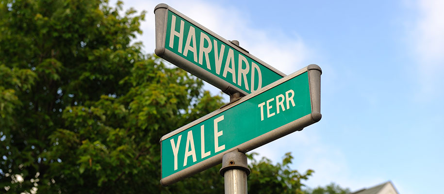 Street signs reading Harvard and Yale Terrace against cloudy blue sky and trees