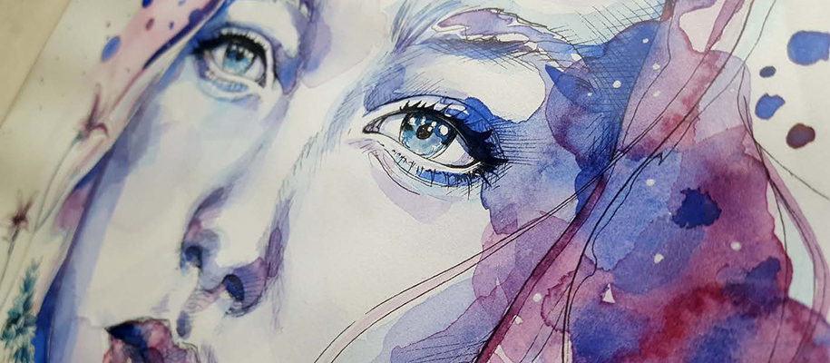 Pen drawing of a woman with abstract watercolor painted in purple and blue
