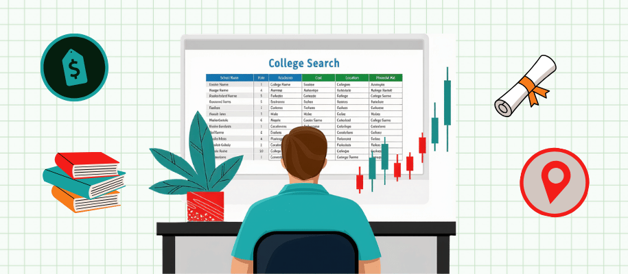 Graphic of a man at a desk looking at a College Search rubric on screen
