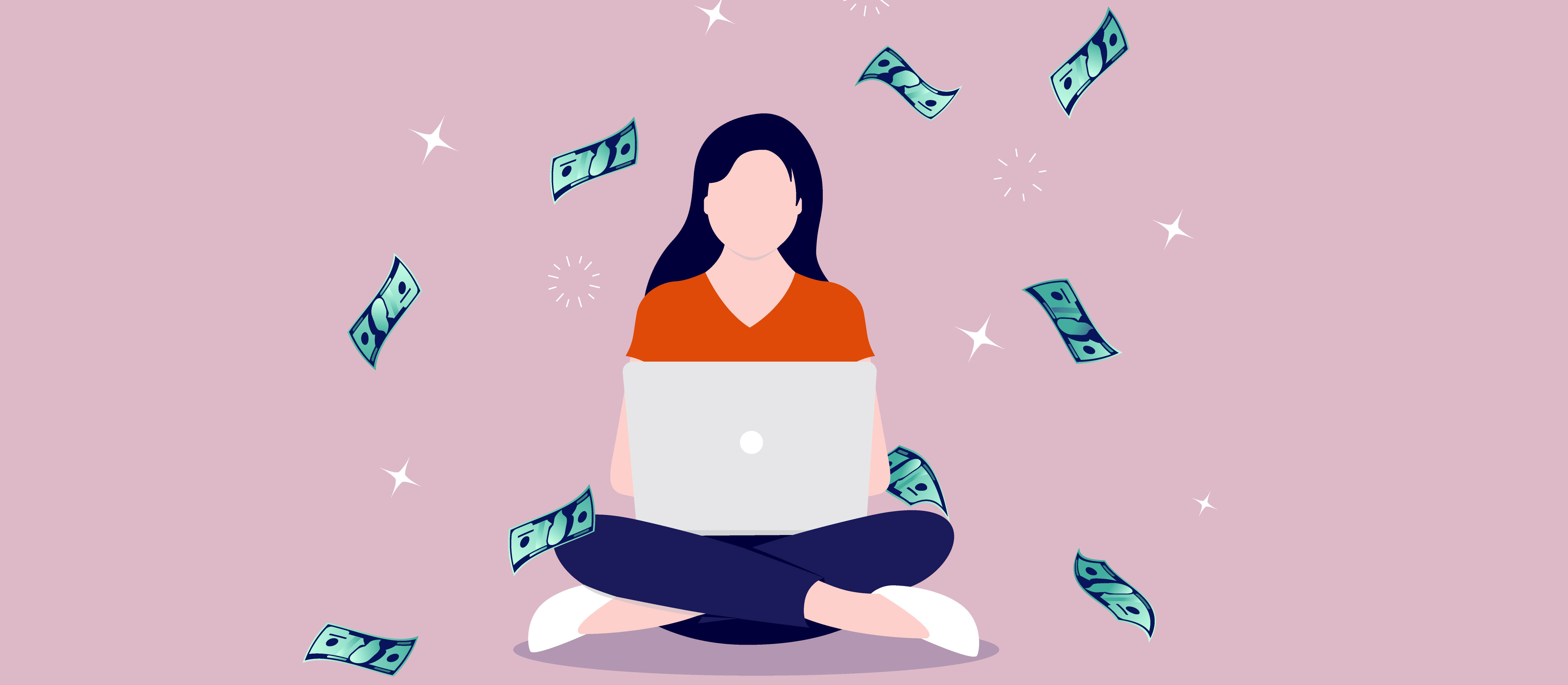 Vector image of female cross-legged with laptop with money falling around her