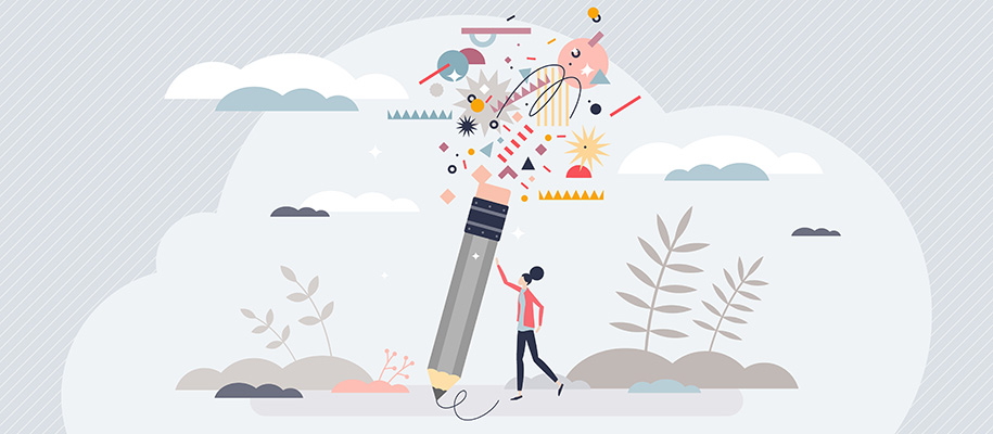 Vector art of small person holding big pencil with symbols, scribbles flying out