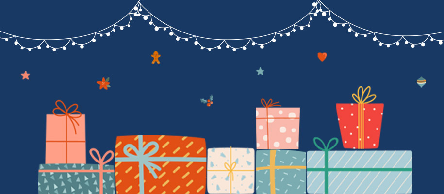 Digital art of presents and white lights and other decorations in festive colors