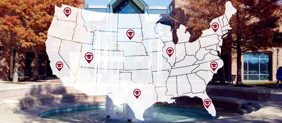 Map of the US with college location pins over picture of college campus