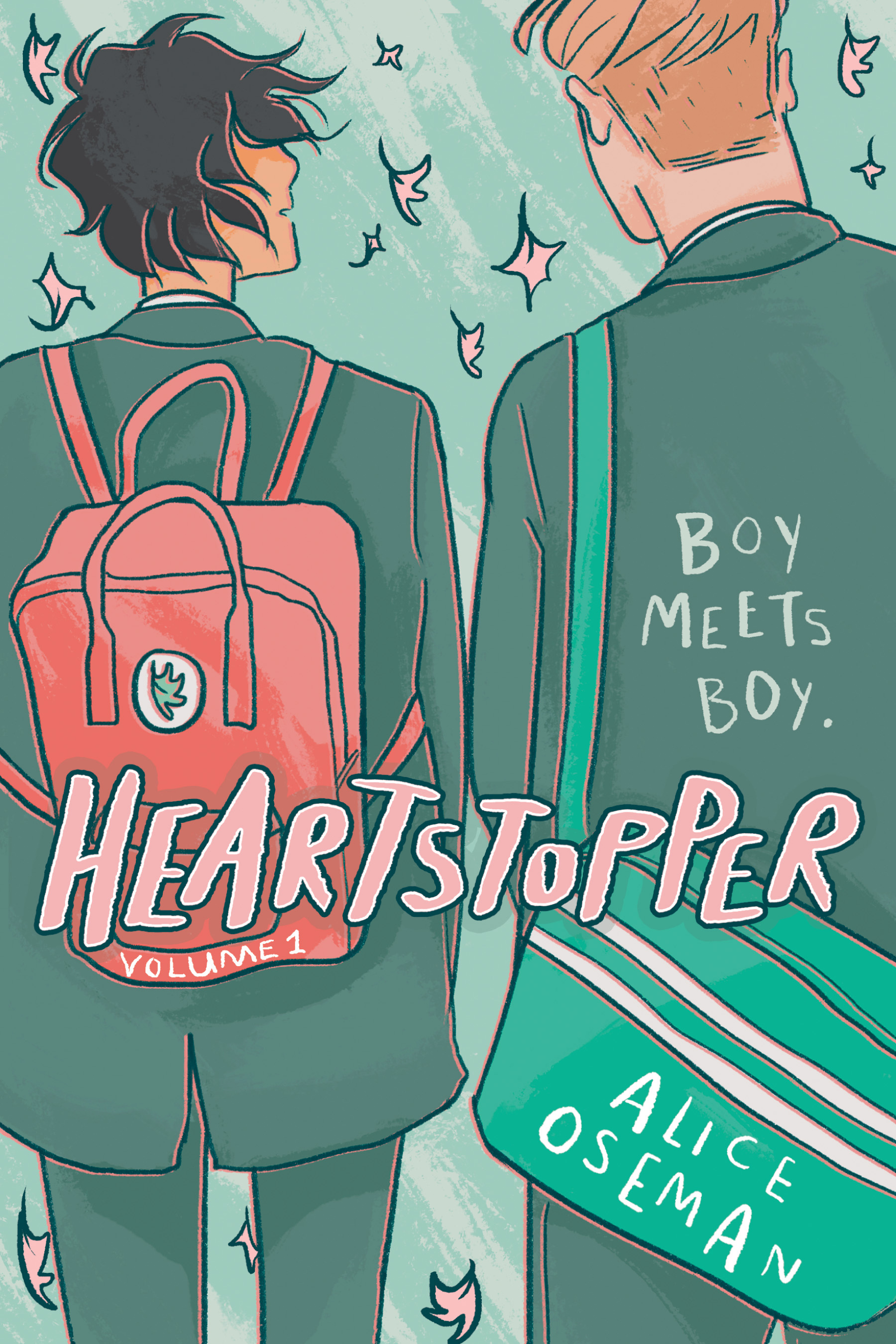 Heartstopper Volume 1 cover; two young men with backpacks in uniform back to