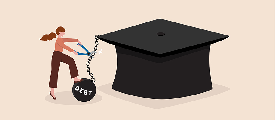 Cartoon of woman cutting chain of ball reading debt from graduation cap