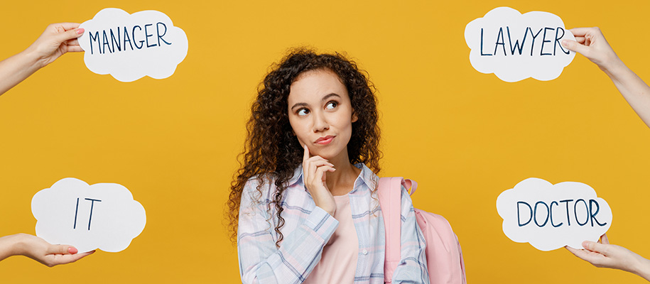 Black girl thinks as White arms hold up words manager, IT, doctor, lawyer