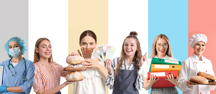 Six women on various colored backgrounds doing jobs like baking, nursing, design