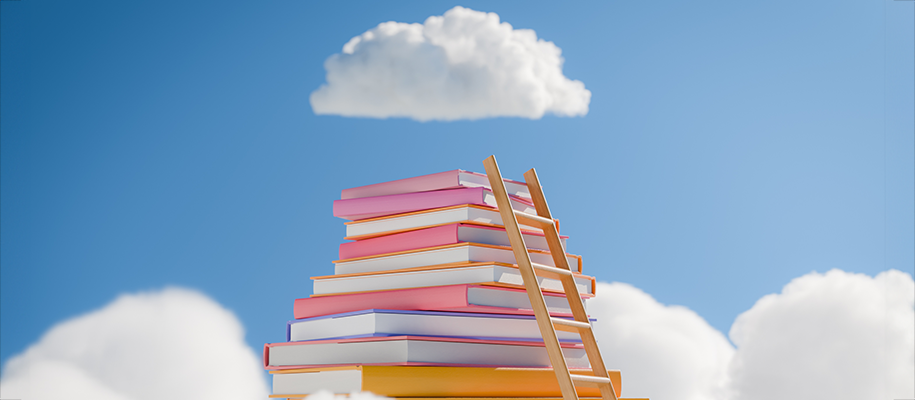 Stack of books rising out of clouds, with wood ladder propped up to reach top