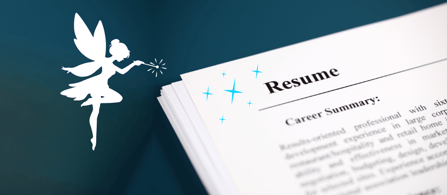 Silhouette of a fairy tapping the top of a resume