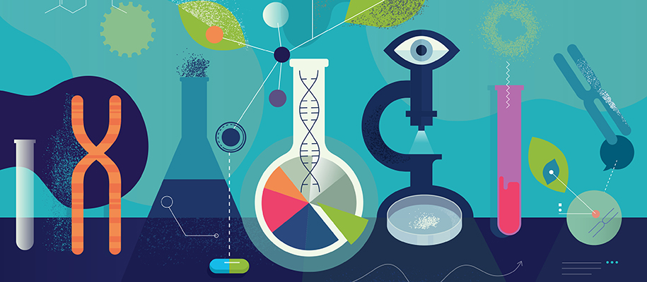 Colorful digital art of beakers, DNA and chromosome strands, microscope, eyeball