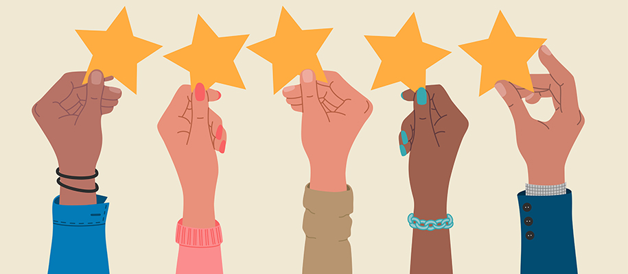 Drawing of diverse arms in various types of clothes holding up gold stars