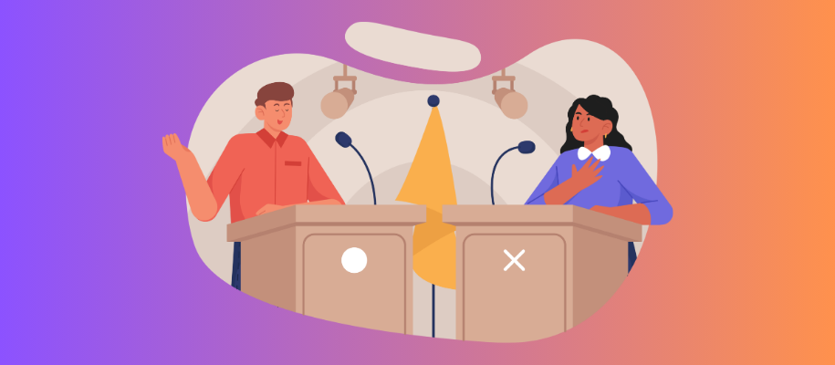 Vector image of male debating female standing at podiums with spotlight