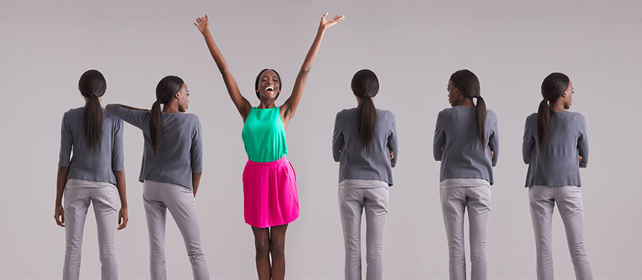 Five copies of Black woman in gray outfit back-to, one forward in bright outfit
