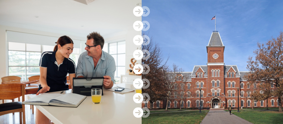 Mixed-race daughter and White father studying in white kitchen, campus building