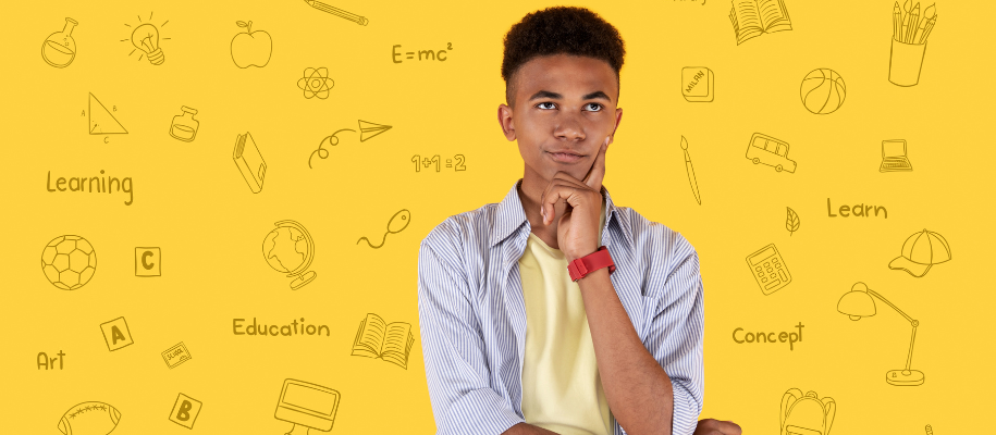Young Black teen with hand to his chin on yellow background with academic icons
