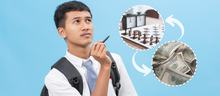 Asian man in blue tie, white shirt, backpack thinking about chess and money