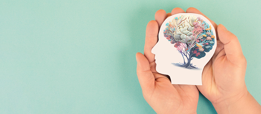 Hands of White person holding cutout of human head with tree growing into brain