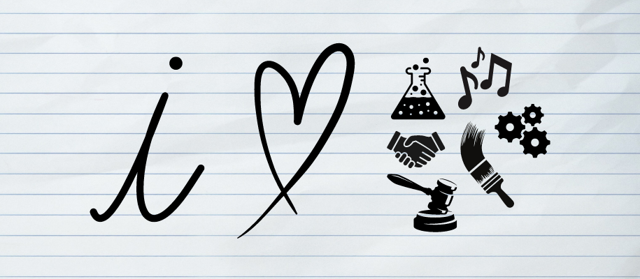 Lined paper background with I, heart, and icons for different academic interests