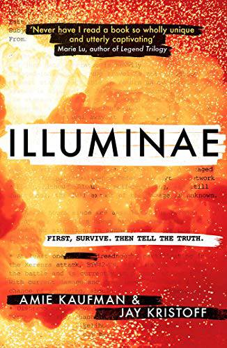 Illuminae book cover; organge and yellow with lots of text