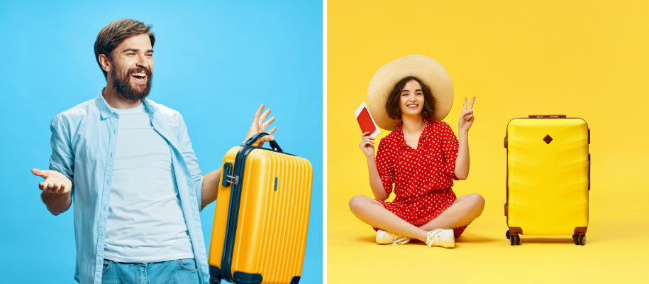 Dad holding yellow suitcase, girl in red romper with passport, yellow suitcase